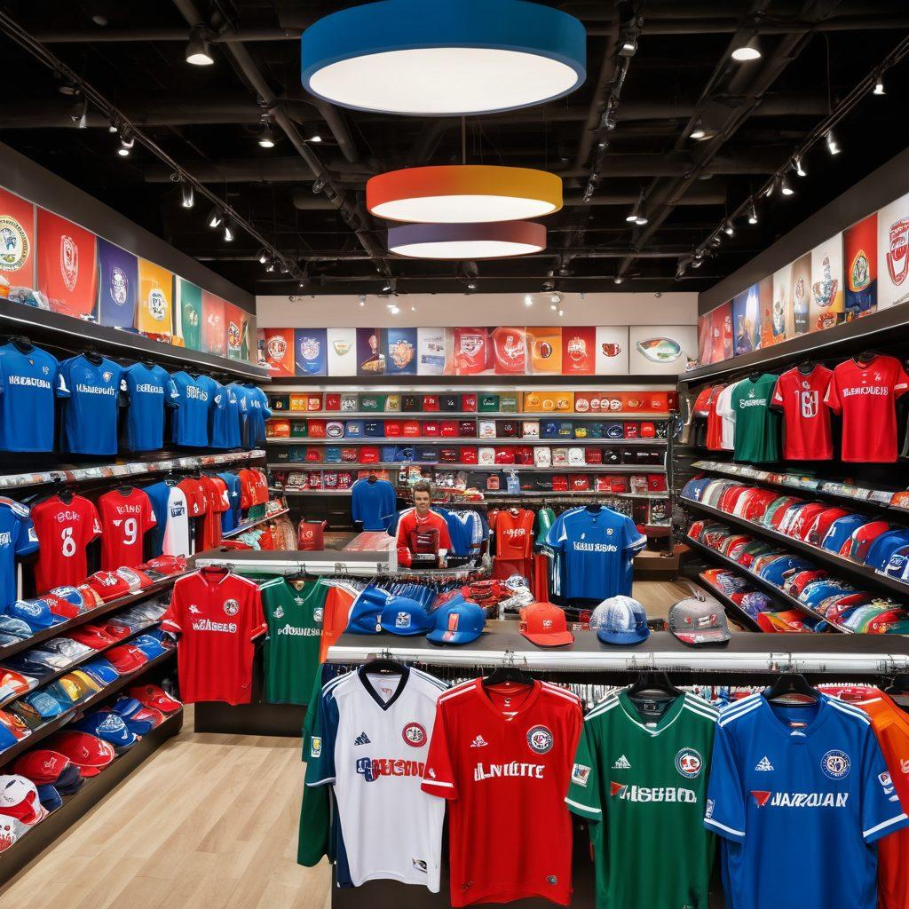 A vibrant and bustling team store filled with excited fans browsing jerseys, hats, and memorabilia. Showcase an array of products on stylish shelves, with a friendly store staff assisting customers. Include elements of team spirit such as flags, banners, and a large logo in the background. Capture the emotion of fandom with joyful faces and enthusiastic shoppers. super-realistic. vibrant colors. sports theme.