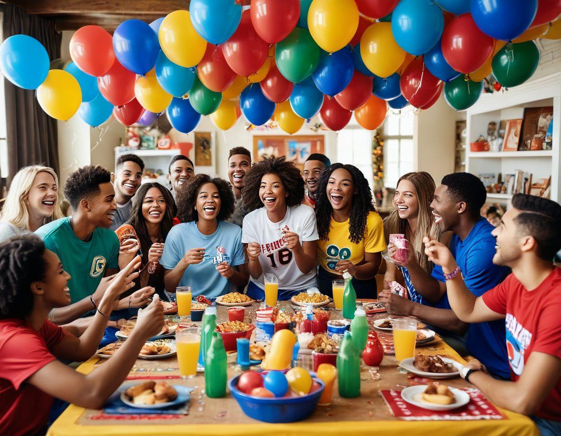 A vibrant scene depicting a lively team gathering, showcasing people in custom apparel and unique collectibles related to their favorite teams. Include diverse individuals engaged in fun activities, surrounded by banners and memorabilia, reflecting camaraderie and a sense of community. The backdrop should be a festive atmosphere with balloons and streamers. super-realistic. vibrant colors. high detail.