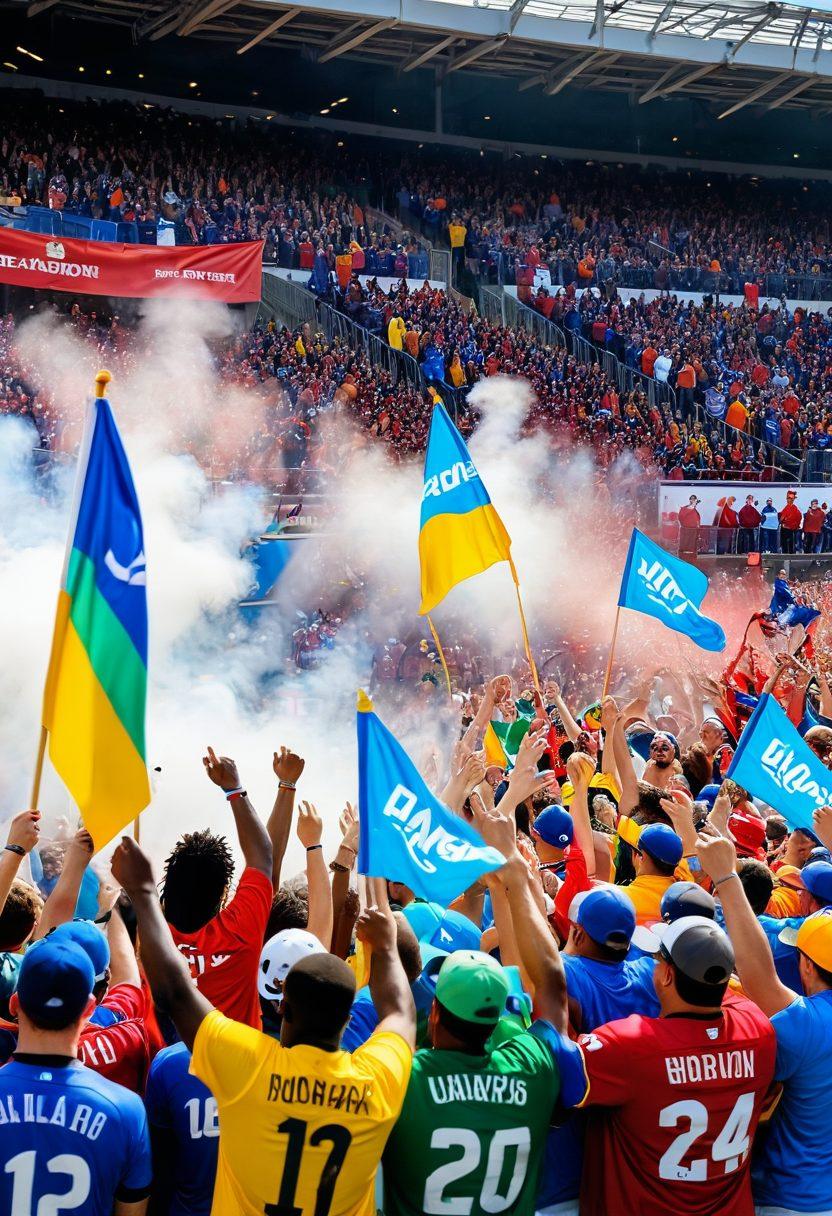 A vibrant scene of a diverse group of enthusiastic fans proudly wearing team gear, surrounded by colorful fan merchandise like scarves, hats, and banners. The background showcases a dynamic sports stadium filled with cheering crowds, symbolizing unity and team spirit. Incorporate elements like confetti and team flags waving in excitement. super-realistic. vibrant colors. 3D.